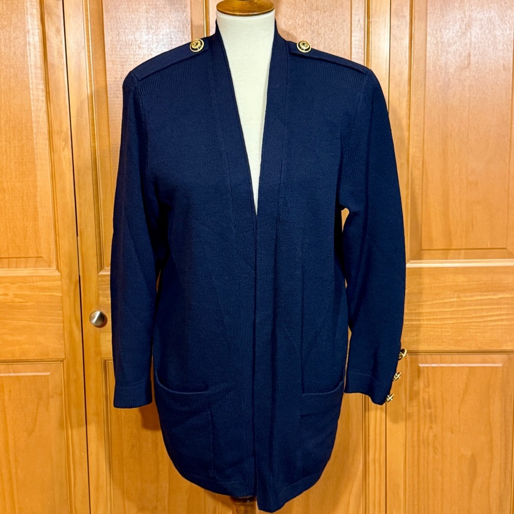 St. John Navy Blue Nautical Sweater Blazer with Gold Accent Buttons and Epaulets